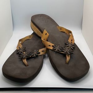 Reef Womens Brown Leather Floral Strap Wedge Thong Sandals Sz 10 Flip Flops